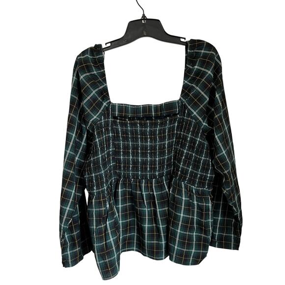 Old Navy Smocked Green Tartan Plaid Long Sleeve Blouse Size XXL - Picture 4 of 8